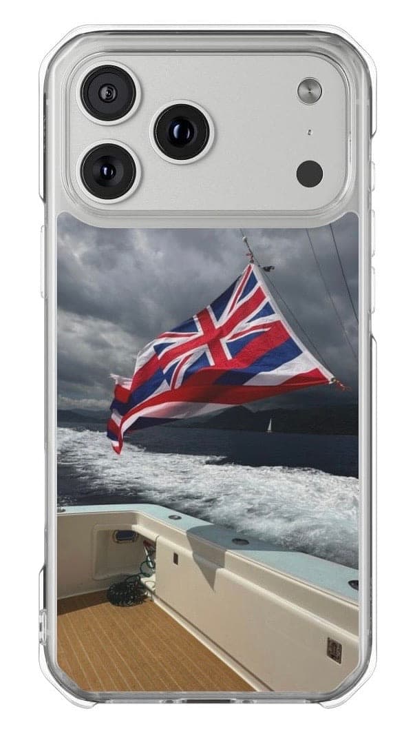 A custom case printed with a photo of the Hawaii flag flying off a boat