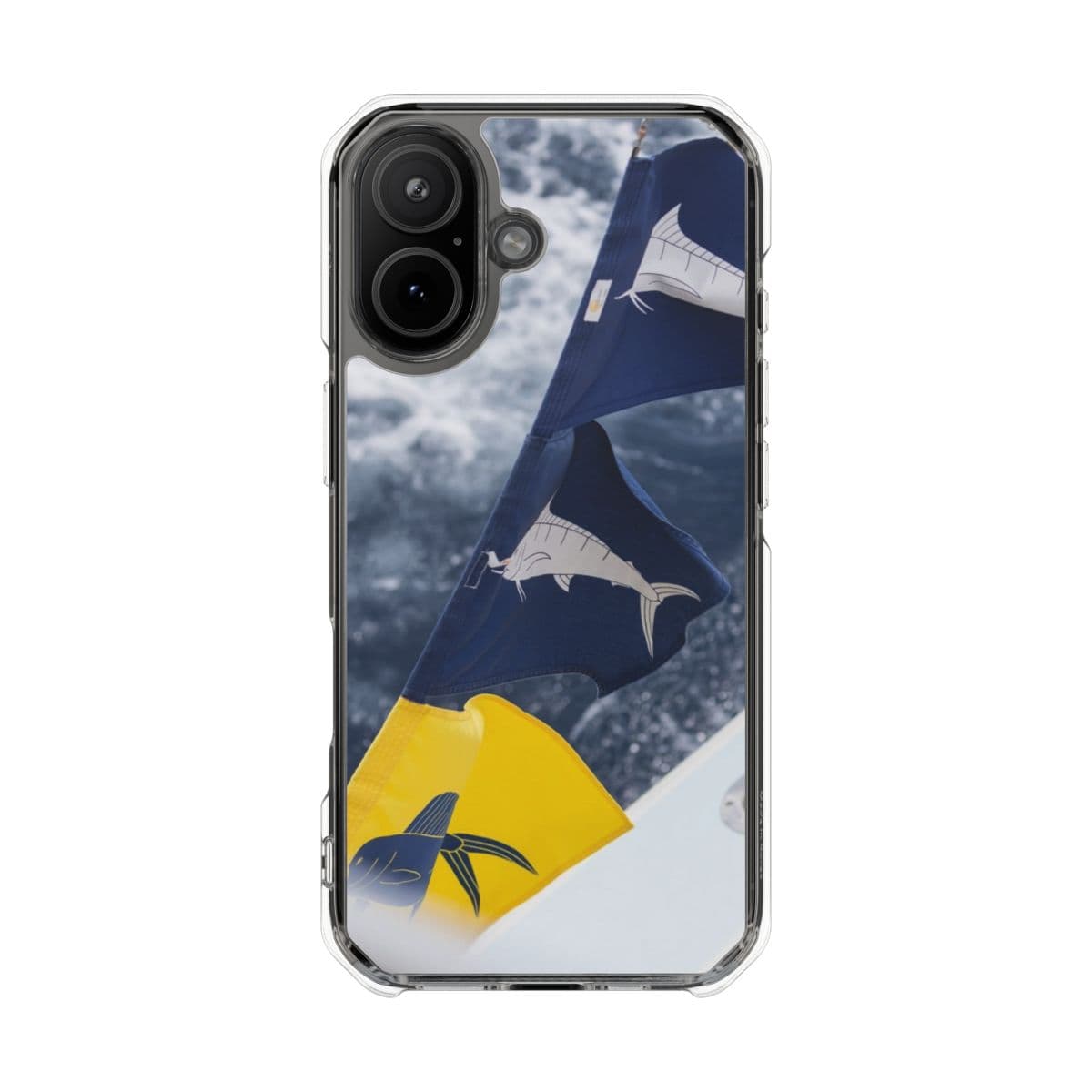 Marlin and mahi catch flags on a clear case