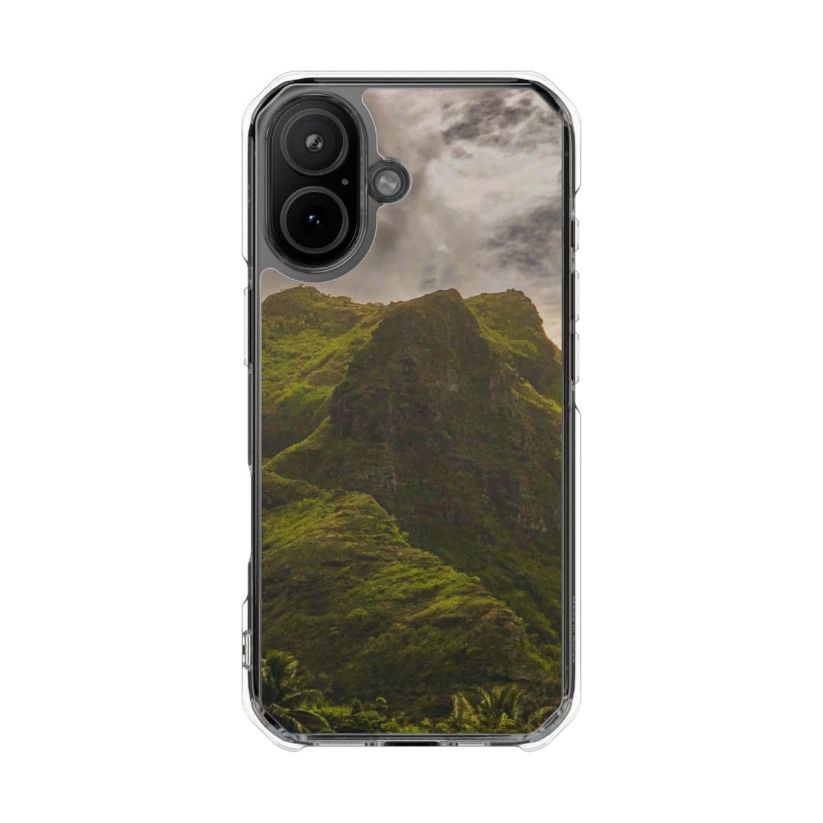 Emerald green mountain ridges on a clear case