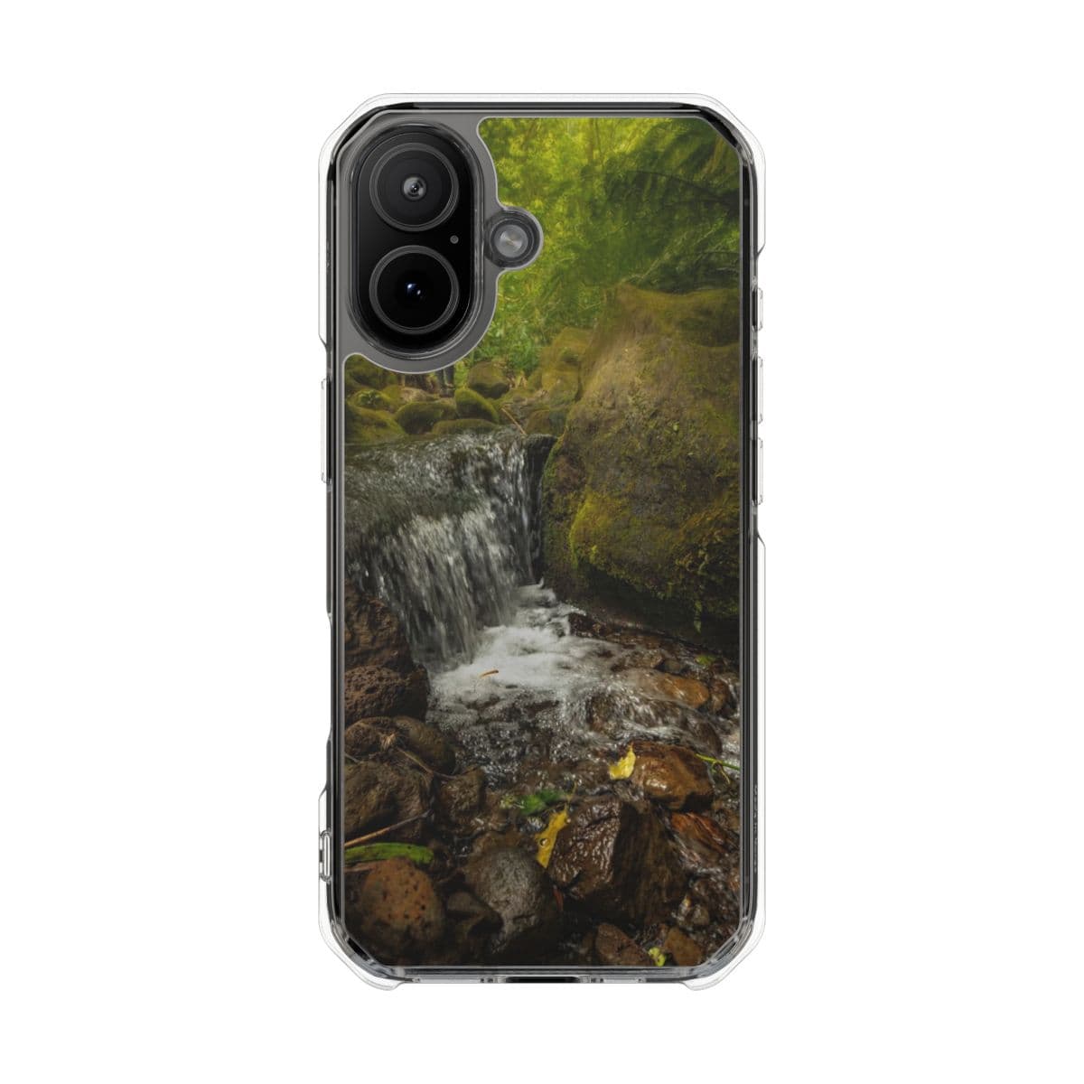 Hiker above a jungle stream waterfall on a clear case
