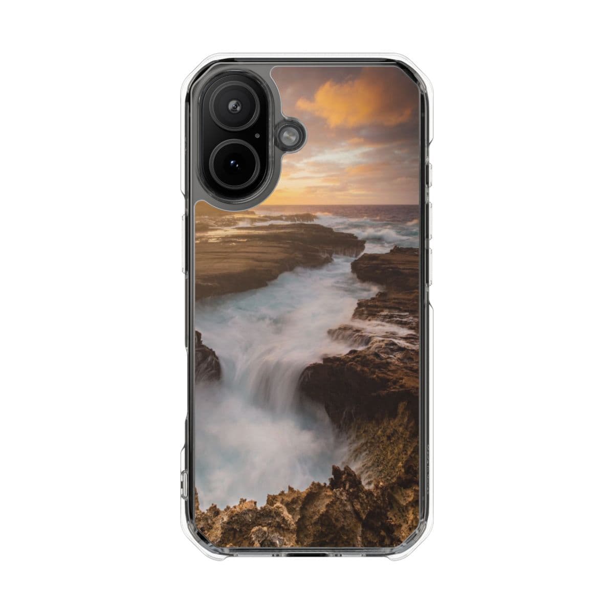 Waves surging through a lava keyhole at golden sunrise on a clear case