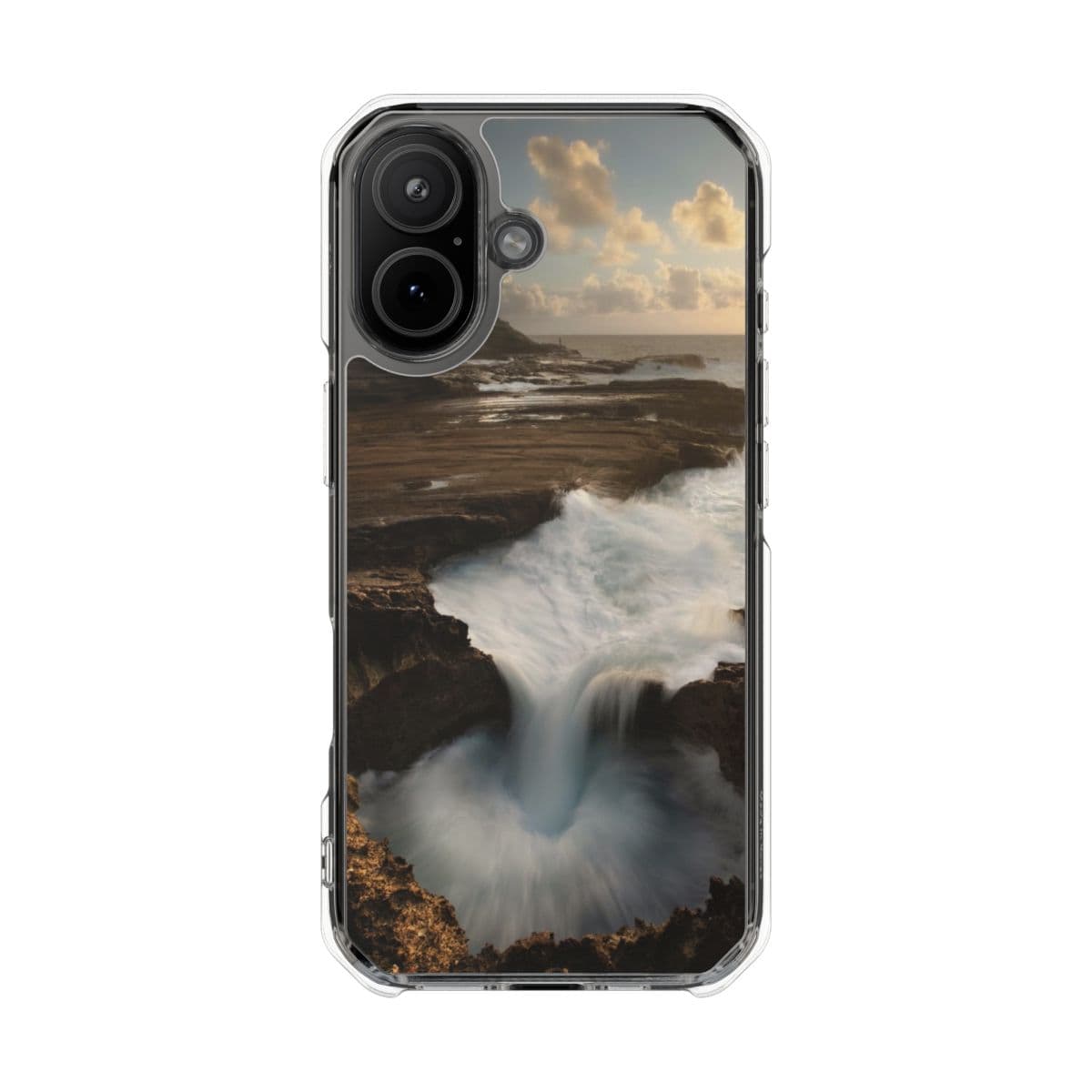 Waves surging through a lava keyhole at pink sunset on a clear case