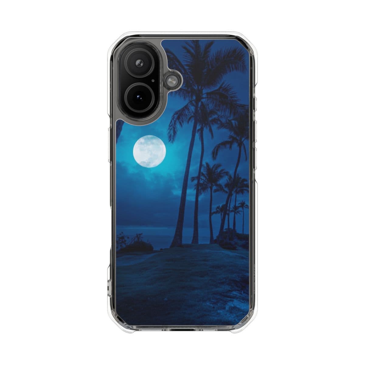 Full moon over beach palms on a clear case