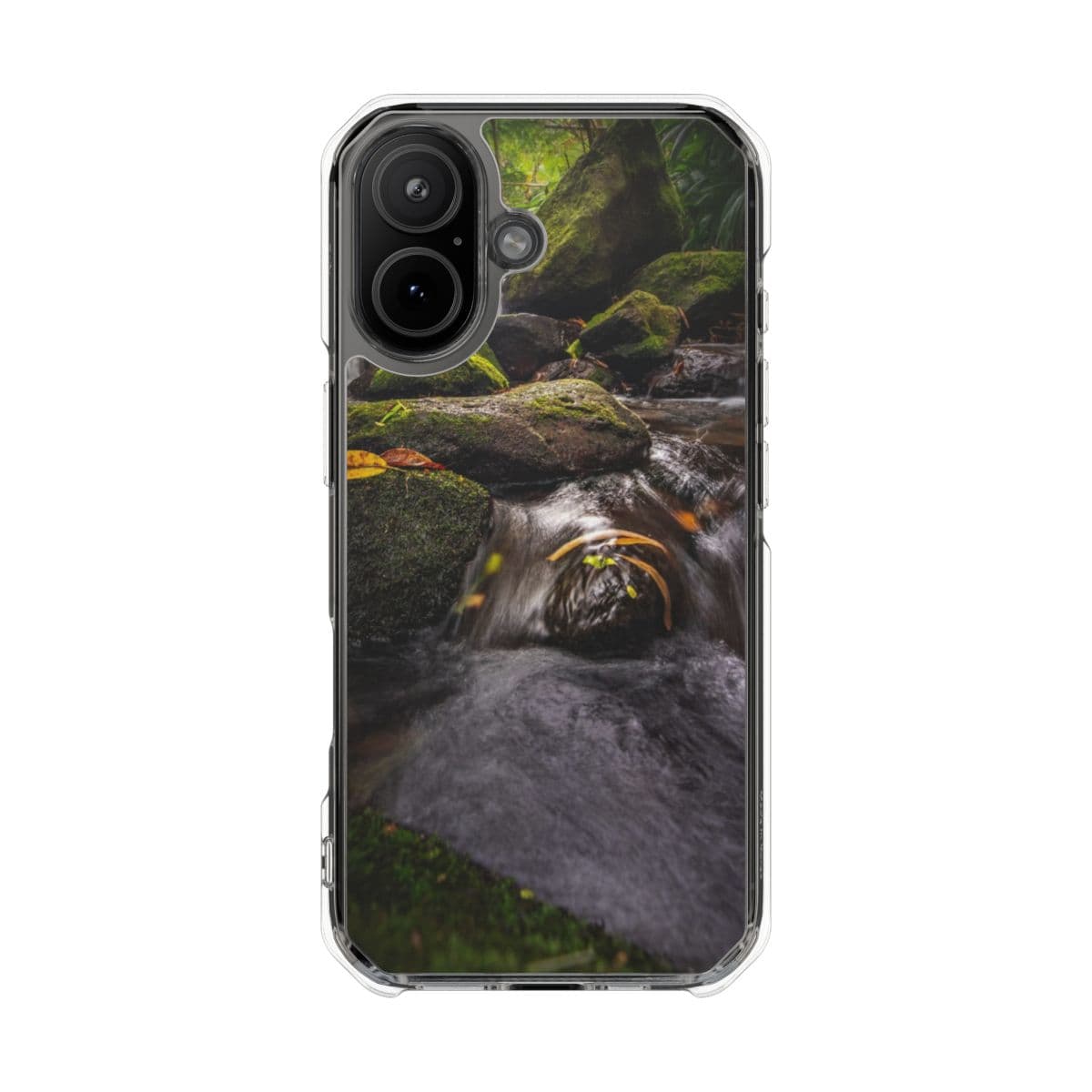Mossy forest stream on a clear case
