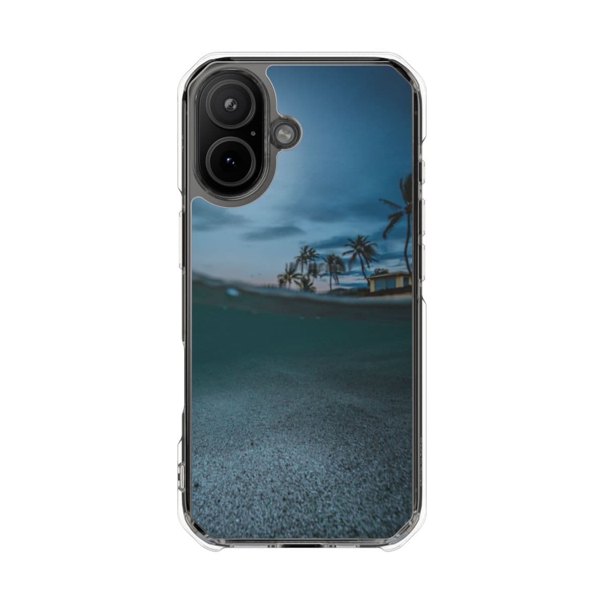 Split underwater view of a moonlit beach on a clear case