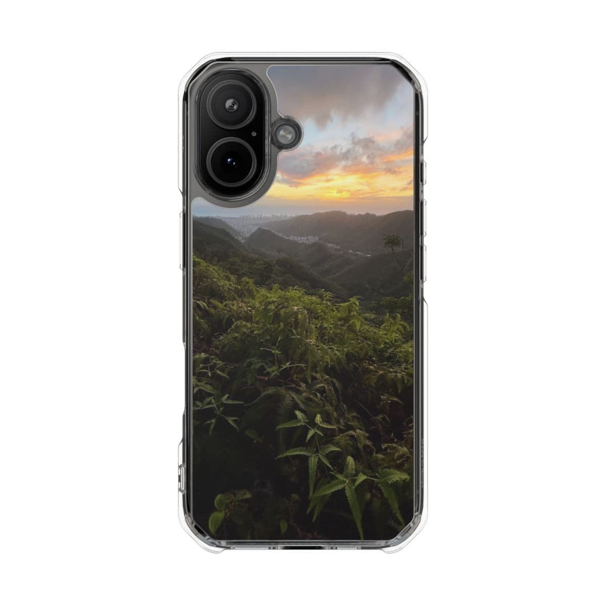Manoa valley sunset over Honolulu on a clear case